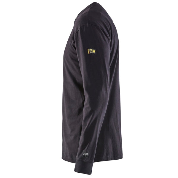 Blaklader 3483 flame resistant long sleeve t-shirt in navy highlighting ribbed cuffs and reinforced shoulder seam construction.