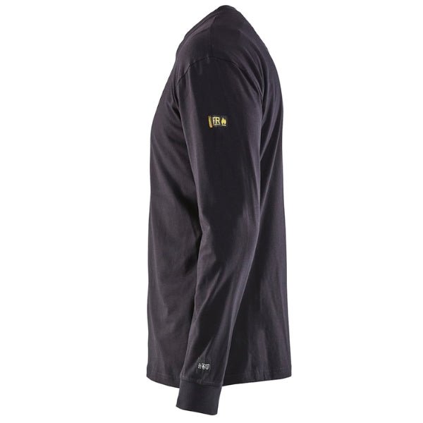 Blaklader 3483 flame resistant long sleeve t-shirt in navy highlighting ribbed cuffs and reinforced shoulder seam construction.