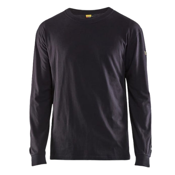 Front view of the Blaklader Flame Resistant Long Sleeve T-Shirt 3483 in navy showing inherent FR single jersey construction and round neckline.