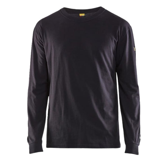 Front view of the Blaklader Flame Resistant Long Sleeve T-Shirt 3483 in navy showing inherent FR single jersey construction and round neckline.