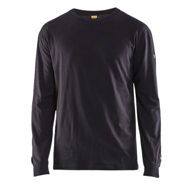 Front view of the Blaklader Flame Resistant Long Sleeve T-Shirt 3483 in navy showing inherent FR single jersey construction and round neckline.