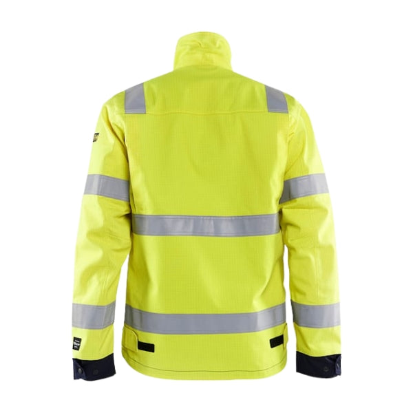 Back view of the Blaklader 4087 Hi-Vis FR jacket showing extended back panel, double-sewn flame resistant reflective tapes and adjustable hem.
