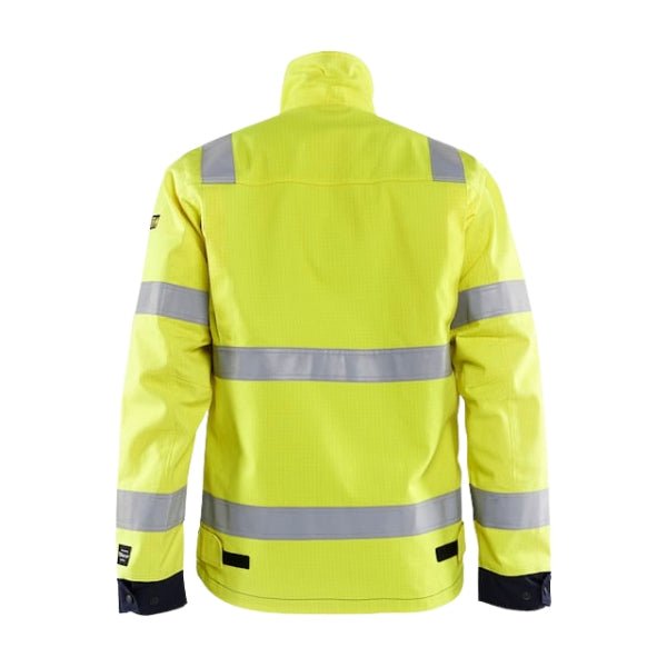 Back view of the Blaklader 4087 Hi-Vis FR jacket showing extended back panel, double-sewn flame resistant reflective tapes and adjustable hem.