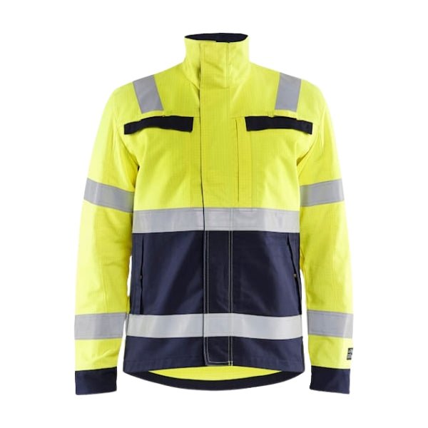 Front view of the Blaklader Hi-Vis Multinorm Flame Resistant Jacket 4087 in hi-vis yellow and navy showing reflective tapes, high collar and chest pockets.