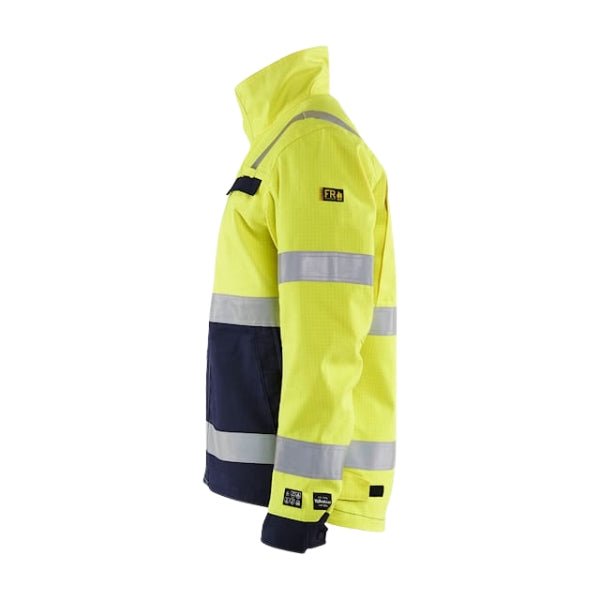 Left side view of the Blaklader 4087 multinorm FR jacket showing adjustable cuffs, inset pocket and hi-vis panel layout.