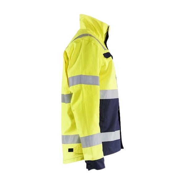 Right side view of the Blaklader 4087 multinorm FR jacket showing adjustable cuffs, inset pocket and hi-vis panel layout.
