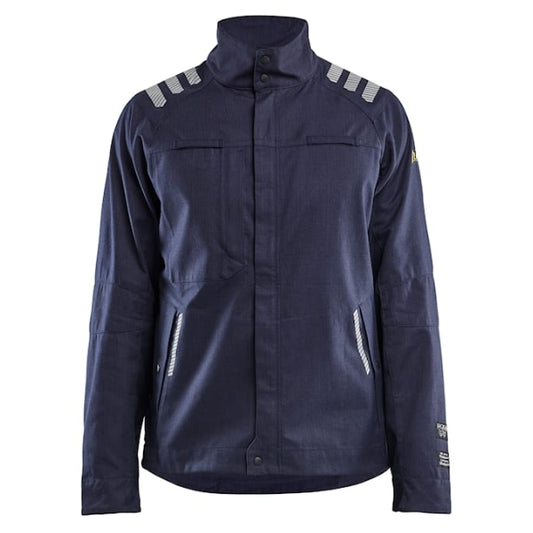 Front view of the Blaklader Inherent Flame Resistant Jacket 4407 in navy blue showing hidden zip, high collar and chest pockets.