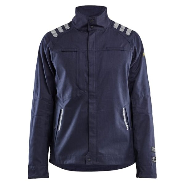 Front view of the Blaklader Inherent Flame Resistant Jacket 4407 in navy blue showing hidden zip, high collar and chest pockets.