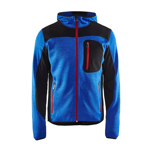 Front view of the Blaklader 4930 knitted jacket in blue and black, featuring a full zip, knitted fleece fabric and reinforced panels, on a white background.