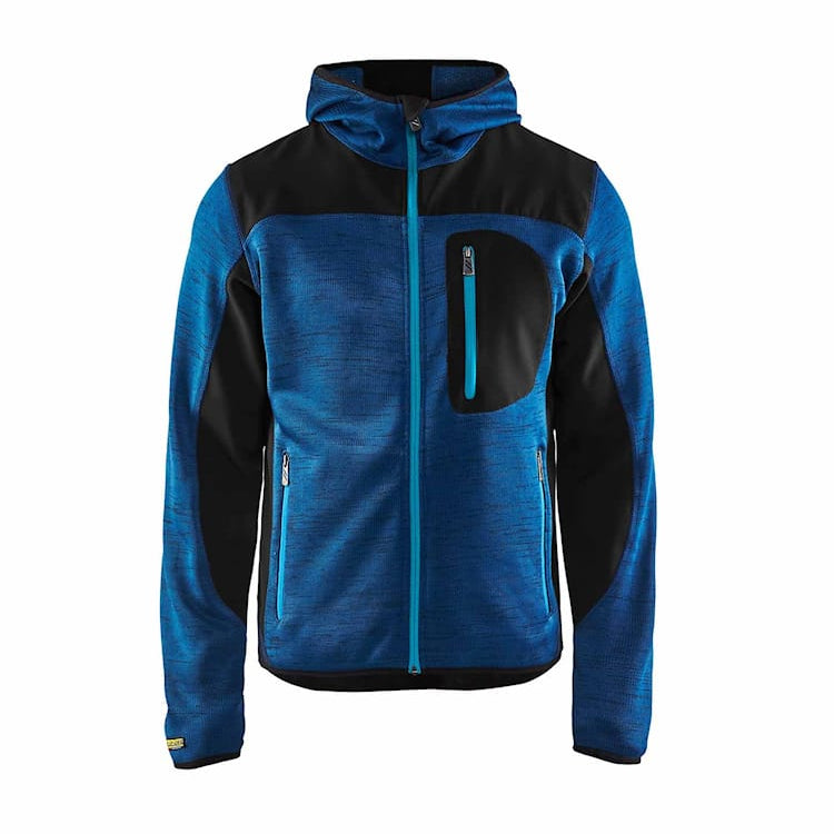 Front view of the Blaklader 4930 knitted jacket in dark blue and black, featuring a full‑zip design, knitted fleece fabric and reinforced panels, on a white background.
