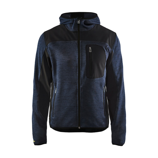 Front view of the Blaklader 4930 knitted jacket in dark navy and black, featuring a full zip, knitted fleece fabric and reinforced panels, on a white background.