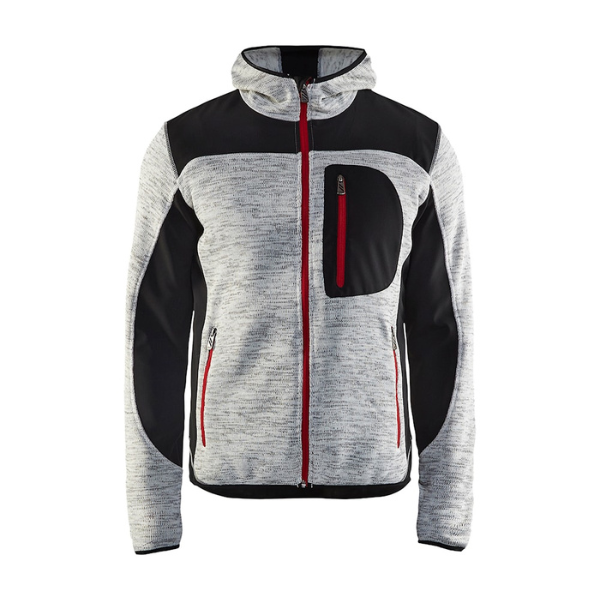 Front view of the Blaklader 4930 knitted jacket in grey and black with full zip, knitted fleece fabric and reinforced areas, displayed on a white background.