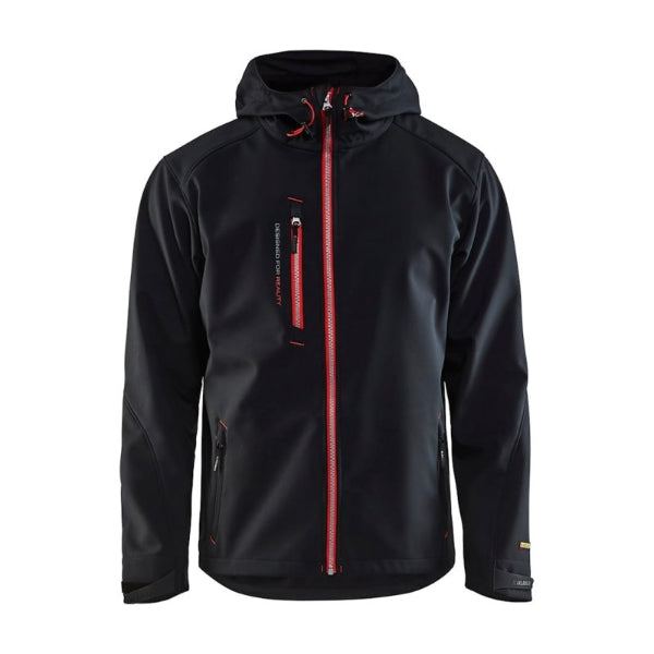 Blaklader Pro Softshell Jacket 4949 in Black/Red, front view with adjustable hood