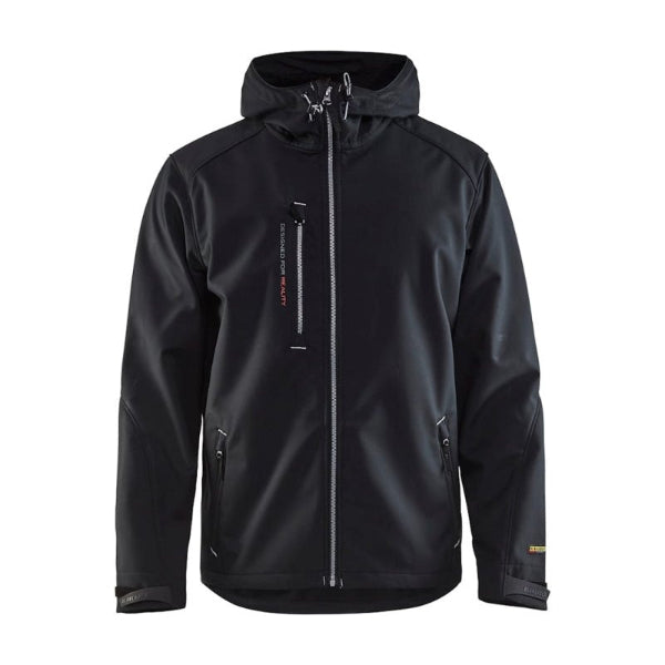 Blaklader Softshell Jacket 4949 in Black/Silver, front view with fleece-lined zip flap