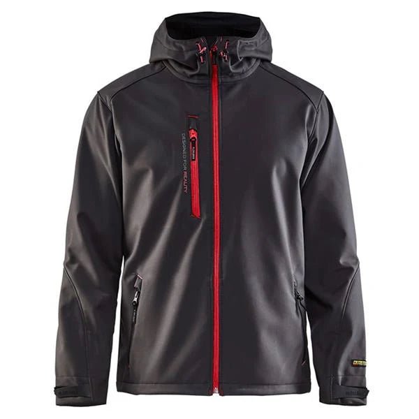 Blaklader Pro Softshell Jacket 4949 in Grey/Red, front view showing zipped chest pocket
