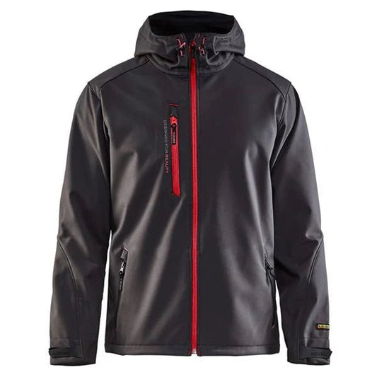 Blaklader Pro Softshell Jacket 4949 in Grey/Red, front view showing zipped chest pocket
