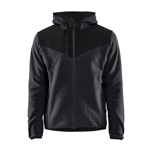 Front view of the Blaklader 5940 softshell knitted jacket in dark grey and black, featuring a full zip, stretch softshell panels and a high collar, on a white background.