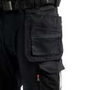 Close up view of left side holster pocket on black work trouser against white background.