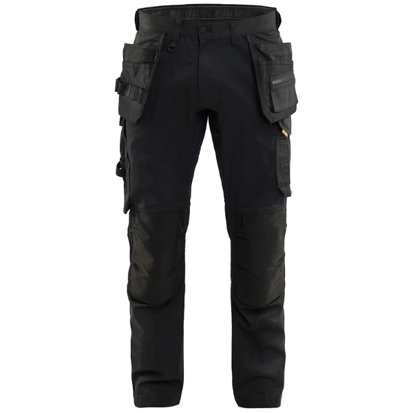 Full front view of Black Blaklader Craftsman Trousers Stretch 1750 with pre-bent knees and functional storage pockets.