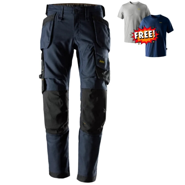 Front view of Blaklader work trousers in navy and black with reinforced knee panels, multiple cargo pockets and a slim ergonomic work fit on a white background.