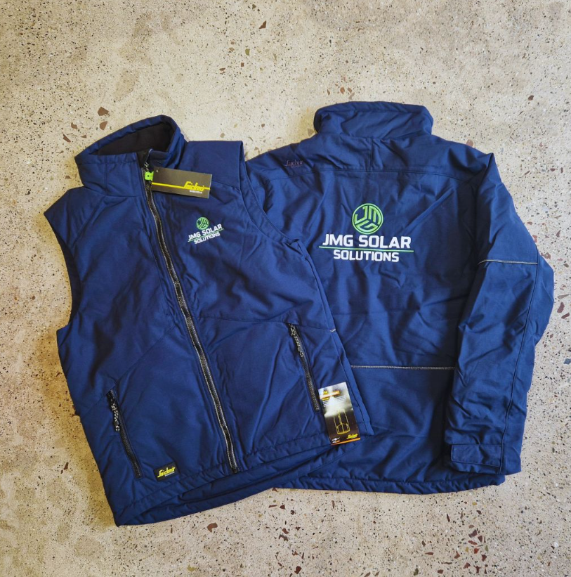 Blue branded jacket and matching bodywarmer with embroidered company logo showing a professional workwear uniform set.
