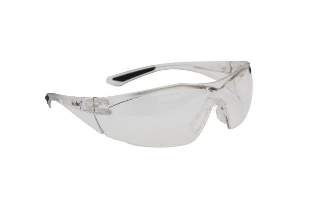 Front angle view of Bouton Optical Pulse anti-scratch and anti-fog safety glasses with rimless lenses and universal soft nose bridge