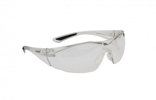 Front angle view of Bouton Optical Pulse anti-scratch and anti-fog safety glasses with rimless lenses and universal soft nose bridge