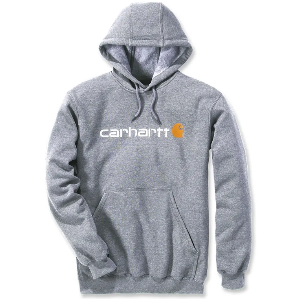 Carhartt 100074 loose fit midweight logo sweatshirt in heather grey shown in a front view on a white background.