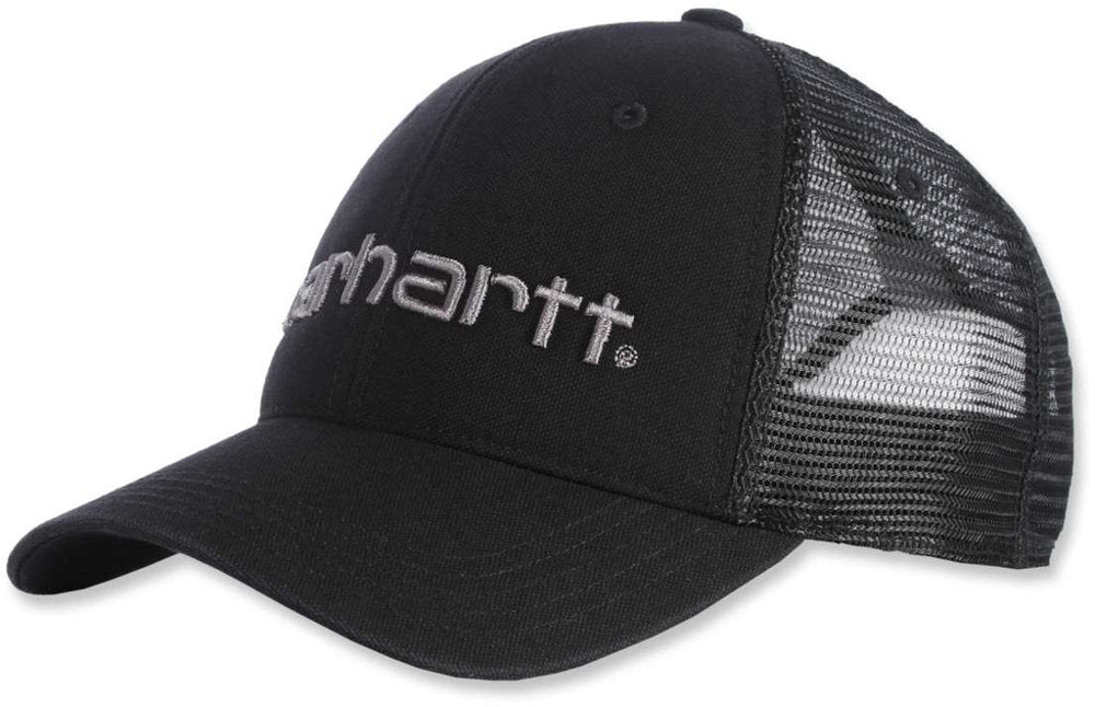 Carhartt 101195 Dunmore cap in black with mesh back shown in a front angled view on a white background.