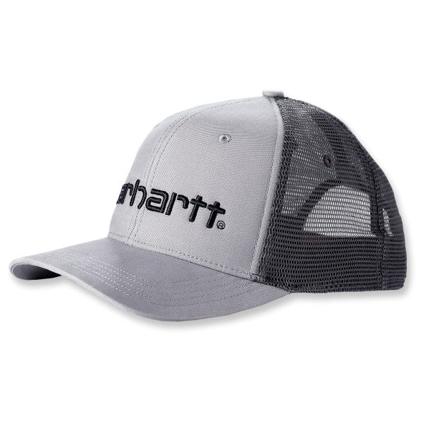 Carhartt 101195 Dunmore cap in grey with mesh back shown in a front angled view on a white background.