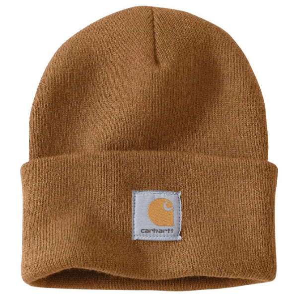 Carhartt A18 knit cuffed beanie in Carhartt brown with a fold‑up cuff and Carhartt patch shown in a front view on a white background.