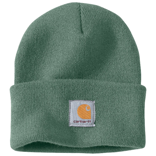 Carhartt A18 knit cuffed beanie in green with a fold‑up cuff and Carhartt patch shown in a front view on a white background.