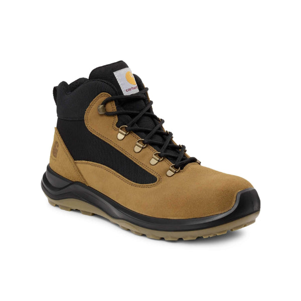 Front view of the Carhartt Belmont Rugged Flex safety work boot in tan leather with black padded collar.