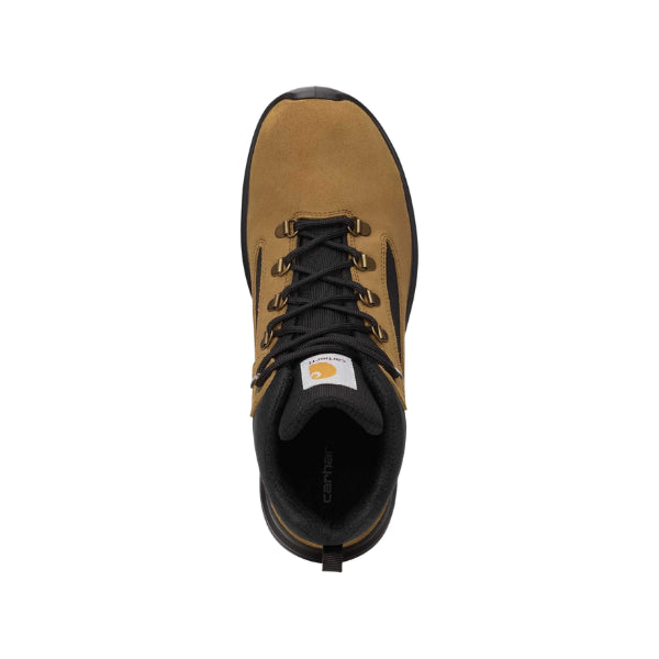 Top view of the Carhartt Belmont Rugged Flex work boot highlighting padded tongue and secure lace fastening.