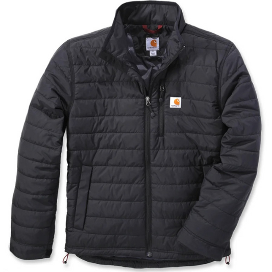 Front view of the Carhartt Gilliam Rain Defender Jacket 102208 in black showing quilted insulation and zip-front closure.