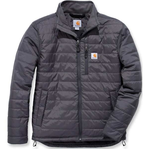Front view of the Carhartt Gilliam Rain Defender Jacket 102208 in shadow grey showing mock neck collar and quilted nylon shell.