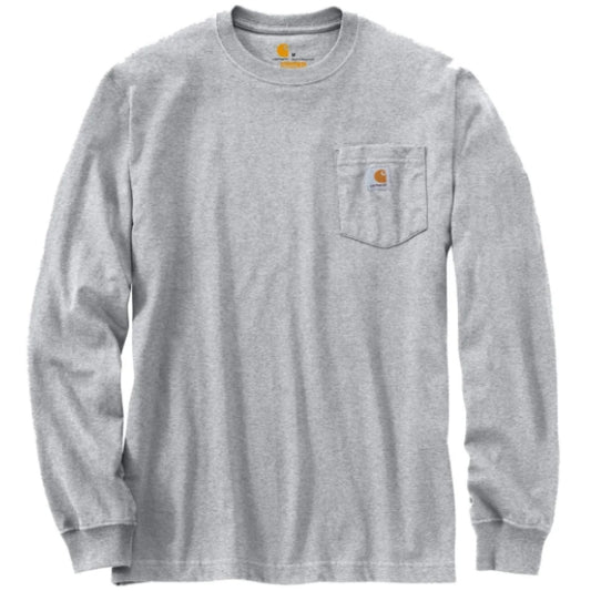 Front view of the Carhartt K126 loose fit heavyweight pocket T‑shirt in heather grey, featuring a long sleeve design, rib knit crew neck, left chest pocket with sewn Carhartt logo label and a heavyweight jersey fabric cut for a relaxed roomy fit, suitable for workwear, trades and everyday use, photographed on a white background.