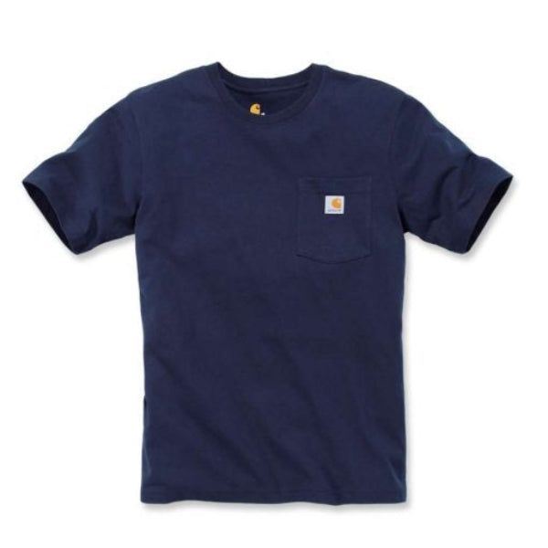 Navy blue t-shirt with a pocket on a white background. Shop now at Kustom Workwear.