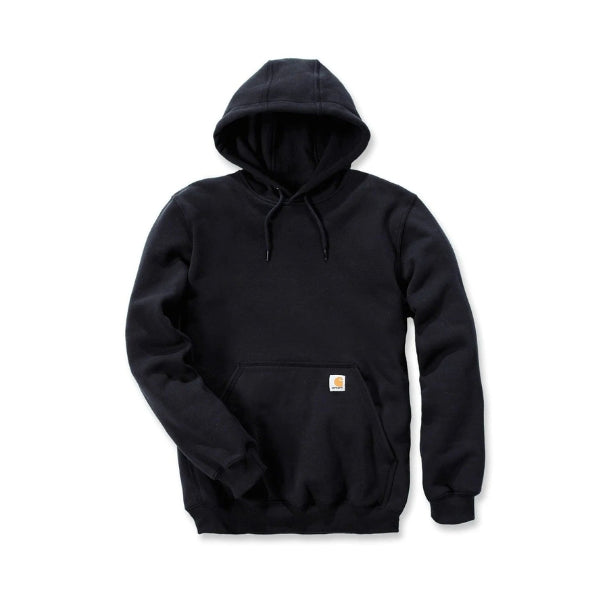 Front view of the Carhartt Loose Fit Midweight Hooded Sweatshirt TS0121 in black, showing the three‑piece drawcord hood, rib‑knit cuffs and hem, spacious handwarmer pocket, and the Carhartt patch sewn onto the lower left pocket.