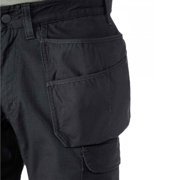 Close-up detail of black Carhartt Steel Rugged Flex Relaxed Fit Ripstop Double Front Cargo Work Trousers from Kustom Workwear.