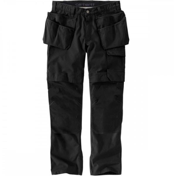 Front view of Carhartt Steel Rugged Flex Relaxed Fit Ripstop Double Front Cargo Work Trousers in black from Kustom Workwear.