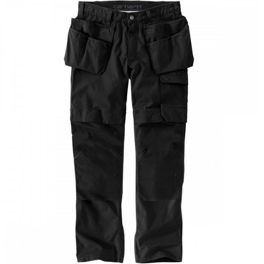 Front view of Carhartt Steel Rugged Flex Relaxed Fit Ripstop Double Front Cargo Work Trousers in black from Kustom Workwear.
