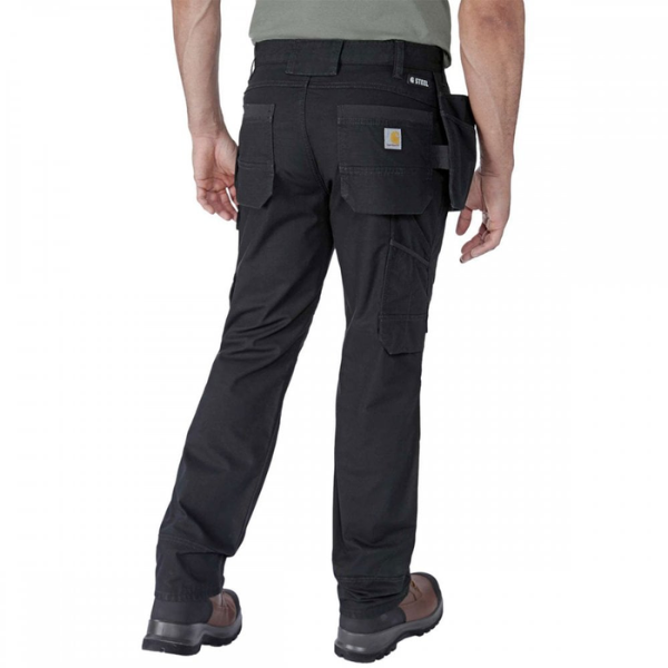 Black cargo pants worn by a person on a white background