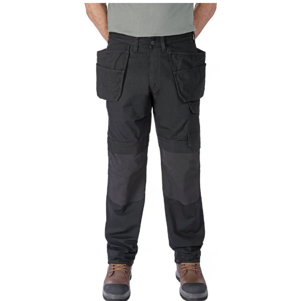 Black cargo pants worn by a person on a white background