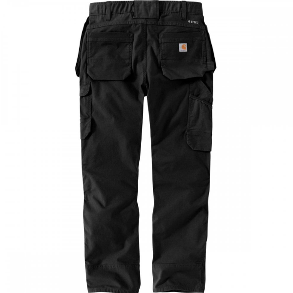 Rear view of Carhartt Steel Rugged Flex Relaxed Fit Ripstop Double Front Cargo Work Trousers in black from Kustom Workwear.