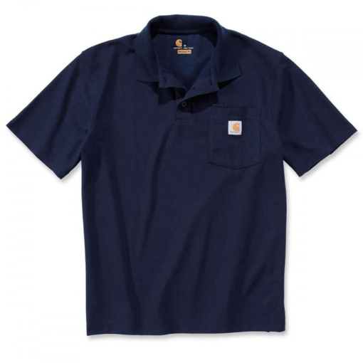 Front view of the Carhartt TK0570 loose fit mid‑pocket polo shirt in navy, featuring a sturdy cotton‑blend piqué construction, short sleeve design, three‑button front placket and a left chest contractor’s pocket for tools or pens, finished with a relaxed loose fit ideal for workwear, uniforms and trade use, photographed on a white background.
