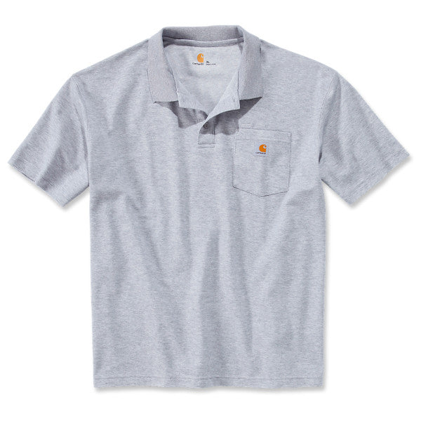 Grey Carhartt Short sleeve Polo shirt with branding on pocket against a white background.