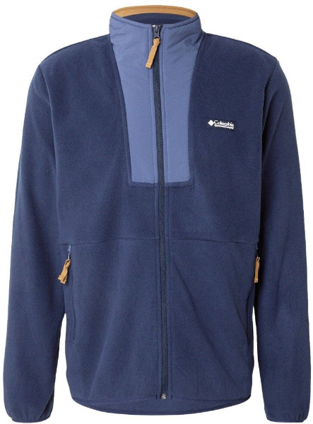 Columbia Sequoia Grove Full Zip Fleece 2174091 in Collegiate Navy, front view with a lighter blue woven chest panel, tan collar trim and zip pockets