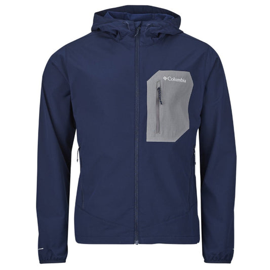 Columbia Tall Heights III Softshell Jacket in Collegiate Navy, front view with hood, full zip and City Grey zippered chest pocket