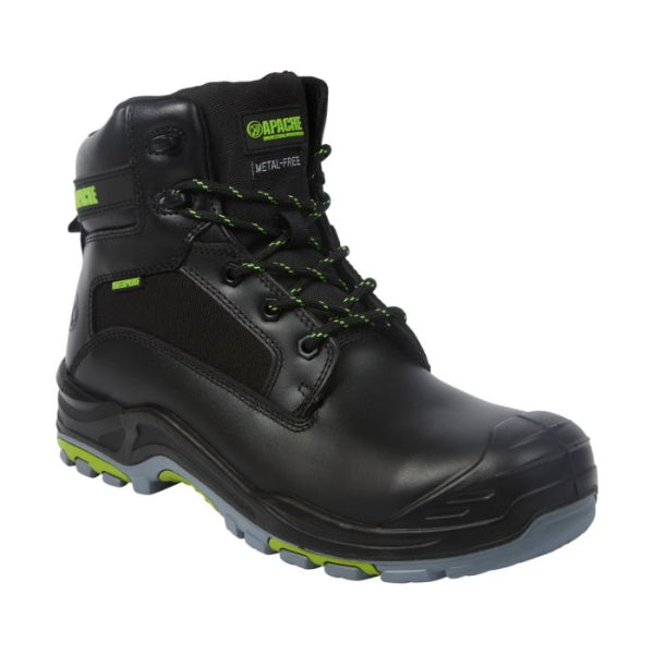 Black Apache Dakota Safety Boot with green accents on a white background. Available at Kustom Workwear.